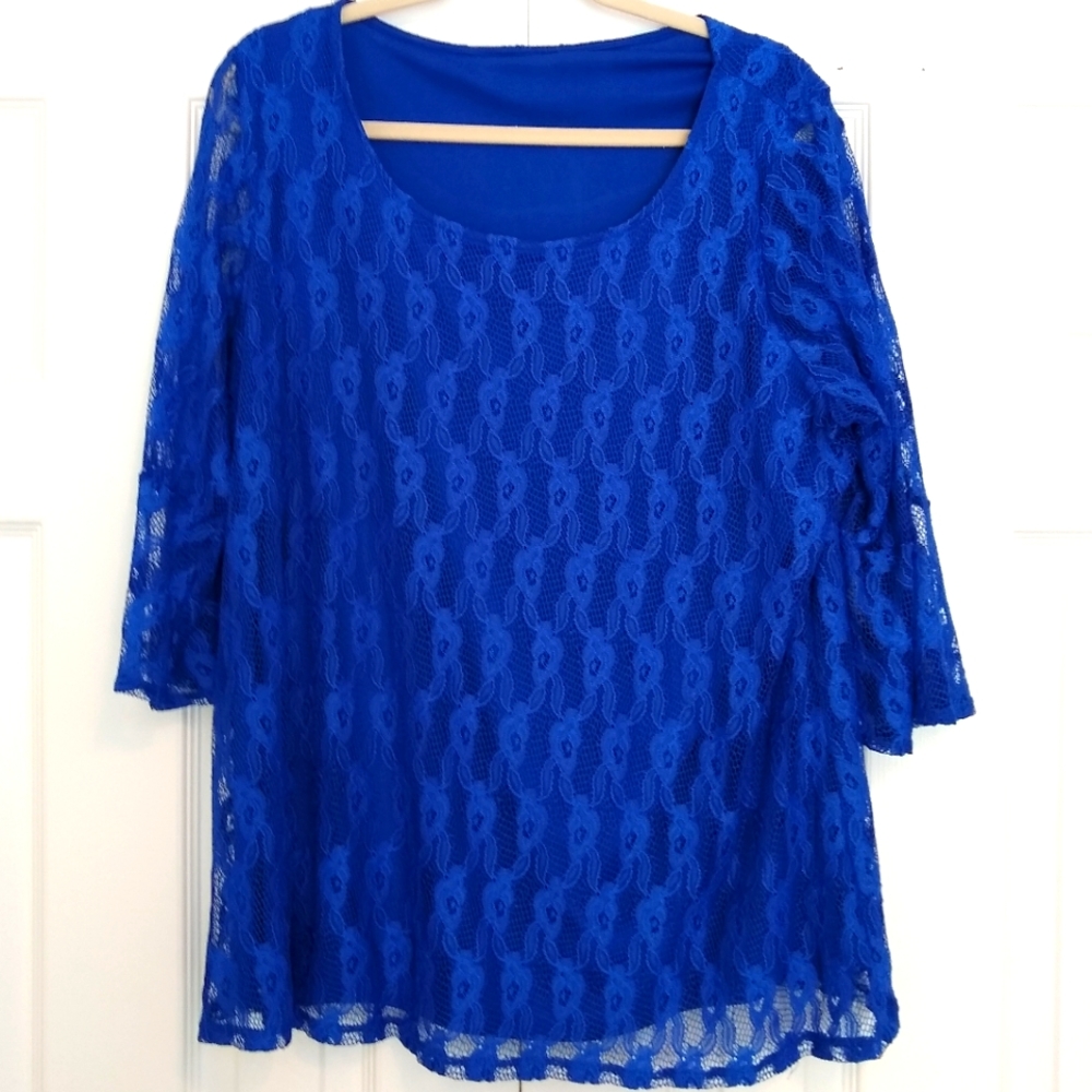 Blue Lace Scoop Neck Blouse with Bell Sleeves
